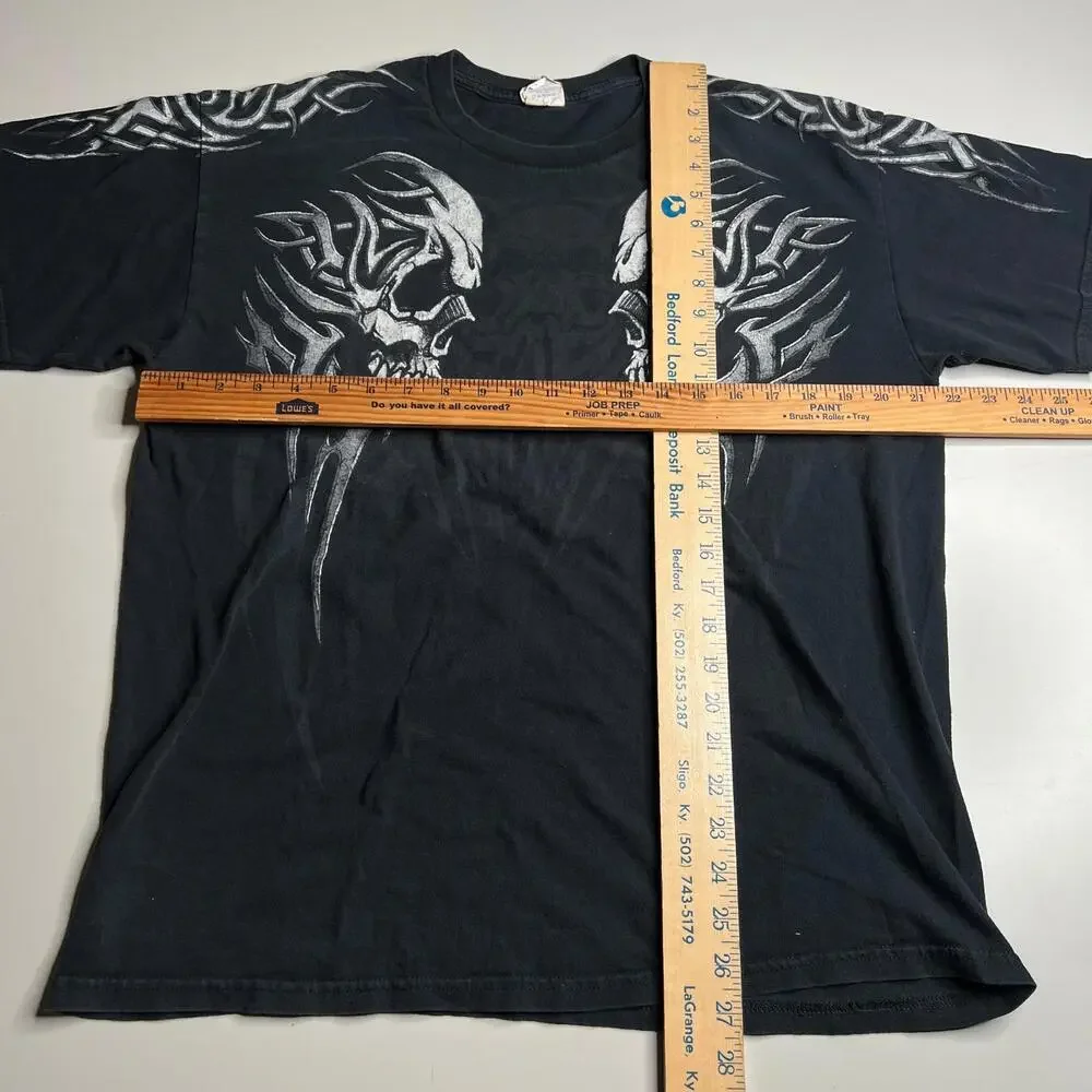 Vintage‎ y2k rap Skull Tribal Graphic T-Shirt Gildan Heavy Cotton Black Size L